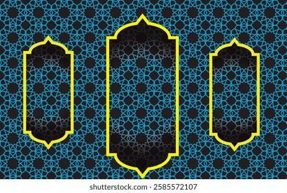 Abstract Arabian Islamic Geometric Pattern with Cyan and Yellow of Turkish Mosque Window. Islamic pattern vector design background in Cyan  Color. Premium Islamic Pattern Design.