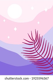 Resumen del paisaje árabe. Montañas ponorámicas minimalistas con cielo de amanecer nocturno, luna, palmada, estrellas. Colores desnudos, rosa y violeta. Relájese en el póster de lillac de verano.