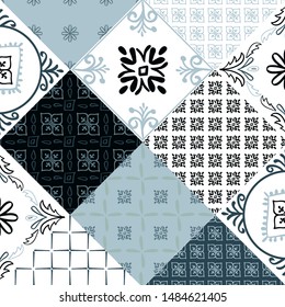 Abstract arabian tiles pattern with floral elements in doodle style. Vector illustration