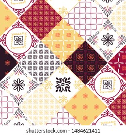 Abstract arabian tiles pattern with floral elements in doodle style. Vector illustration