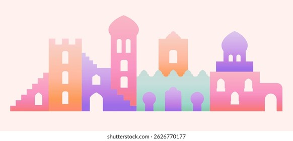 Abstract arabic city buildings. Geometric boho aesthetic vector elements for Ramadan Kareem greeting card, invitation, banner.