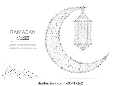 Abstract Arabic Moon and lantern polygonal, geometry triangle. Light connection structure. Low poly vector background. Vector Ramadan Kareem concept