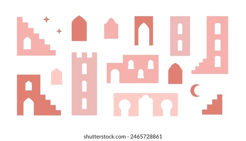 Abstract arabic moroccan arch, door, architecture, moon. Geometric boho aesthetic vector elements.
