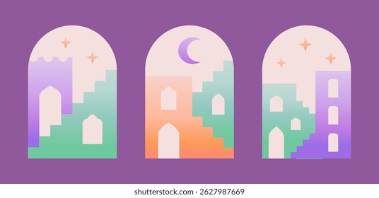 Abstract arabic moroccan arch, door, window, architecture, moon. Geometric boho aesthetic vector elements for Ramadan Kareem greeting card, invitation.