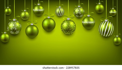 Fondo de arco abstracto con bolas verdes de Navidad. Ilustración vectorial. 