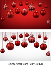 Fondo de arco abstracto con bolas de navidad rojas. Ilustración vectorial. 