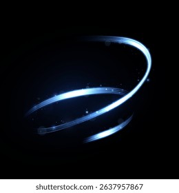 An abstract arc of light in cool blue tones rotates against a dark background, creating the illusion of an energy vortex or portal.