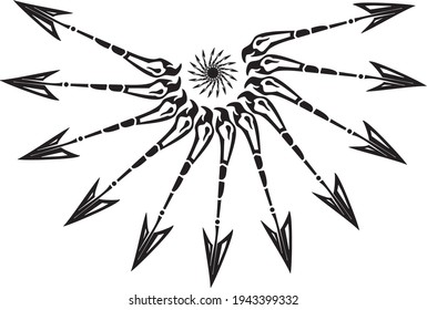Abstract arch from eagle heads with arrows elements. Arrows in the form of a semicircle formed by the heads of an eagle in tribal style for tattoos, prints, embroidery, engraving, web icons, etc.