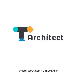 Abstract architect icon, geometric shapes letter T. Logo template for innovation tech in architecture and architecture engineering.  Vector logo.