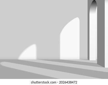 Abstract architectural 3D background with arches and columns in the white room with shadows. Interior with copyspace