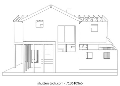 Abstract architectural 3D drawing of apartment house. Vector created of 3d.