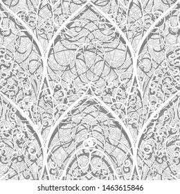 Abstract architectural 3D ethnic background. Stylized arched designs of intertwining thin paper strips.