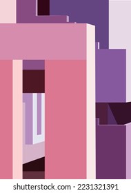 Resumen del fondo arquitectónico con formas geométricas de color violeta, rosa y lila. Ilustración vectorial de construcción moderna, cubierta, plantilla, afiche, etc.