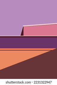 Abstrakter architektonischer Hintergrund mit hellviolett, orange und lila modernen Farben geometrische Formen. Moderne Gebäude, Vektorgrafik, Abdeckung, Vorlage, Plakat, etc.
