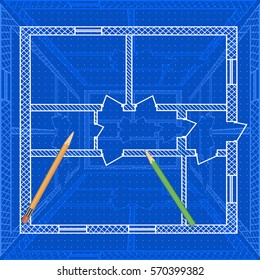 Abstract architectural background with technical blueprint of plan for house and pencils. Engineering illustration.