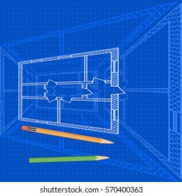 Abstract architectural background with technical blueprint of plan for house and pencils. Engineering illustration.