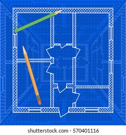 Abstract architectural background with technical blueprint of plan for house and pencils. Engineering illustration.