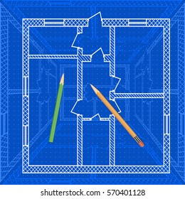 Abstract architectural background with technical blueprint of plan for house and pencils. Engineering illustration.