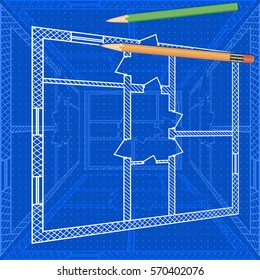 Abstract architectural background with technical blueprint of plan for house and pencils. Engineering illustration.
