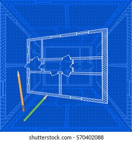 Abstract architectural background with technical blueprint of plan for house and pencils. Engineering illustration.