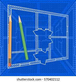 Abstract architectural background with technical blueprint of plan for house and pencils. Engineering illustration.
