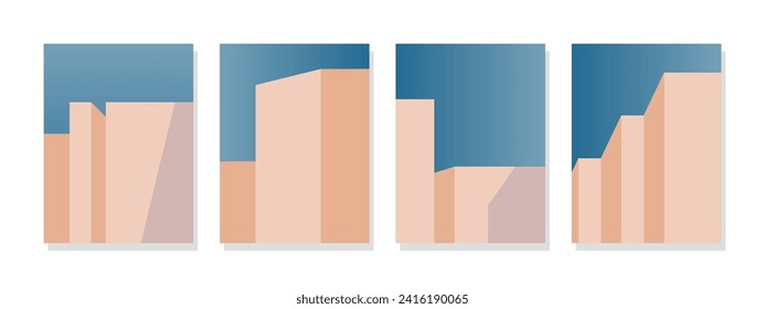 Resumen del fondo geométrico arquitectónico del edificio con colores pastel y patrones sobre un fondo azul cielo. Ideal para las cubiertas de un edificio moderno.