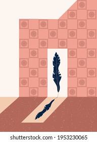 Abstract architectural geometric shapes, staircase, arch, botanical elements, style of minimalist, hand drawn. Packaging, wallpaper, design for textiles, postcard, concept, clipart, vector 