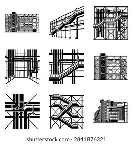 Abstract architectural illustrations showcasing complex structural designs and industrial pipe systems.