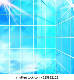 Abstract  architectural light blue background with reflections in glass.  Vector illustration  