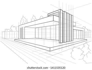 boceto lineal abstracto de arquitectura moderna de fondo blanco