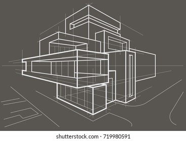 esboço linear arquitetônico abstrato de edifício de vários andares sobre fundo cinza