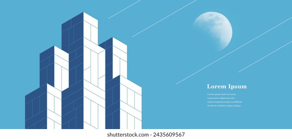 líneas arquitectónicas abstractas. edificios geométricos textura de fondo. construcción tecnológica. luna y cielo azul.