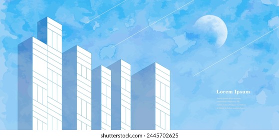 abstract architectural lines. geometric buildings texture background. technological construction. moon and blue sky.