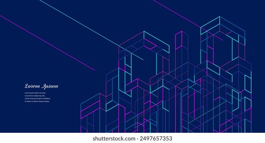 abstract architectural lines. geometric buildings texture background. technological construction. neon light. architectural concept.