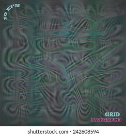 Abstract architectural mesh background. Grunge design. Colored grid on black. Vector