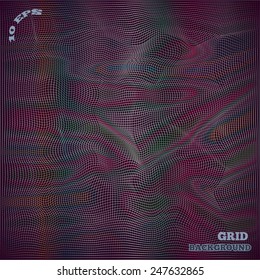Abstract architectural mesh background. Grunge design. Colored grid on black. Vector