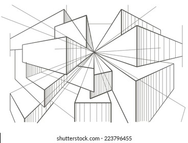 abstract architectural sketch of boxes in perspective