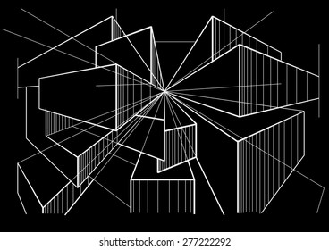 abstract architectural sketch boxes in perspective on black background