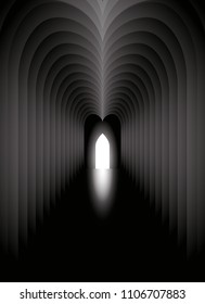 Abstract architectural tunnel with light at the end of a nave out the door. Darkness in the inside the nave. Concept vector illustration