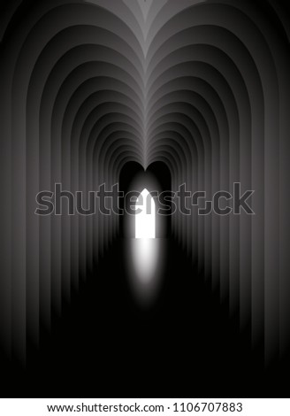 Abstract architectural tunnel with light at the end of a nave out the door. Darkness in the inside the nave. Concept vector illustration