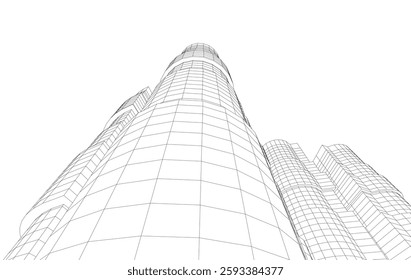 Abstract Architectural Wireframe of Modern Skyscrapers - 3D Perspective View