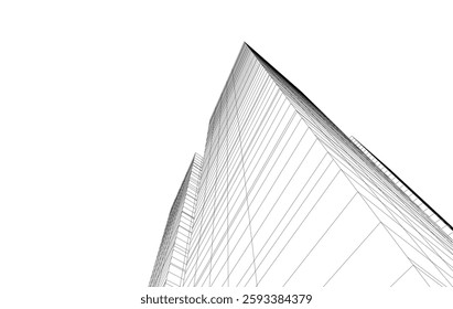 Abstract Architectural Wireframe of Modern Skyscrapers - 3D Perspective View