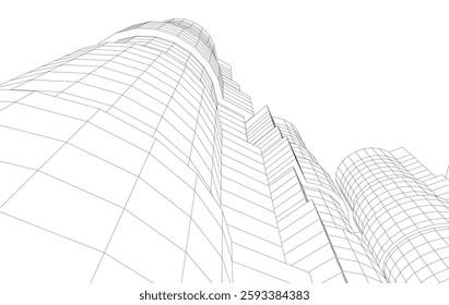 Abstract Architectural Wireframe of Modern Skyscrapers - 3D Perspective View