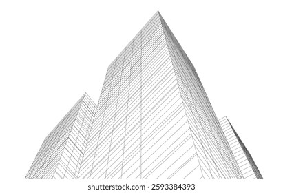 Abstract Architectural Wireframe of Modern Skyscrapers - 3D Perspective View