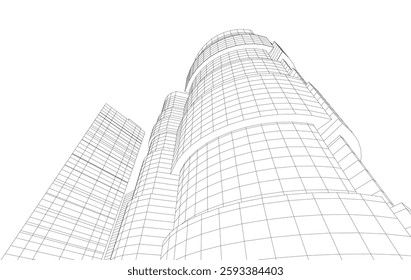 Abstract Architectural Wireframe of Modern Skyscrapers - 3D Perspective View