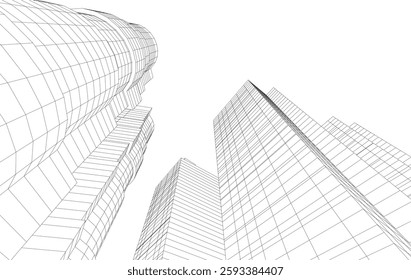 Abstract Architectural Wireframe of Modern Skyscrapers - 3D Perspective View