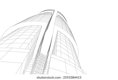 Abstract Architectural Wireframe of Modern Skyscrapers - 3D Perspective View