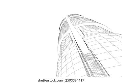 Abstract Architectural Wireframe of Modern Skyscrapers - 3D Perspective View