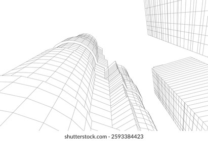Abstract Architectural Wireframe of Modern Skyscrapers - 3D Perspective View
