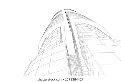 Abstract Architectural Wireframe of Modern Skyscrapers - 3D Perspective View